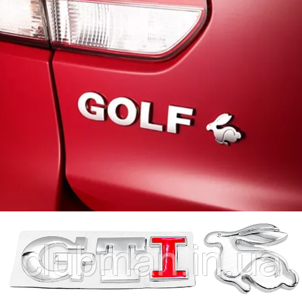 Емблема наліпка „Гуркітливий кролик" GTI VW (Фольцваген) - Хром + Червоний 125x22 мм, фото 1