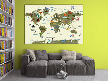 Карта світу дитяча на полотні, картина в рамці для декору дитячої кімнати на полотні