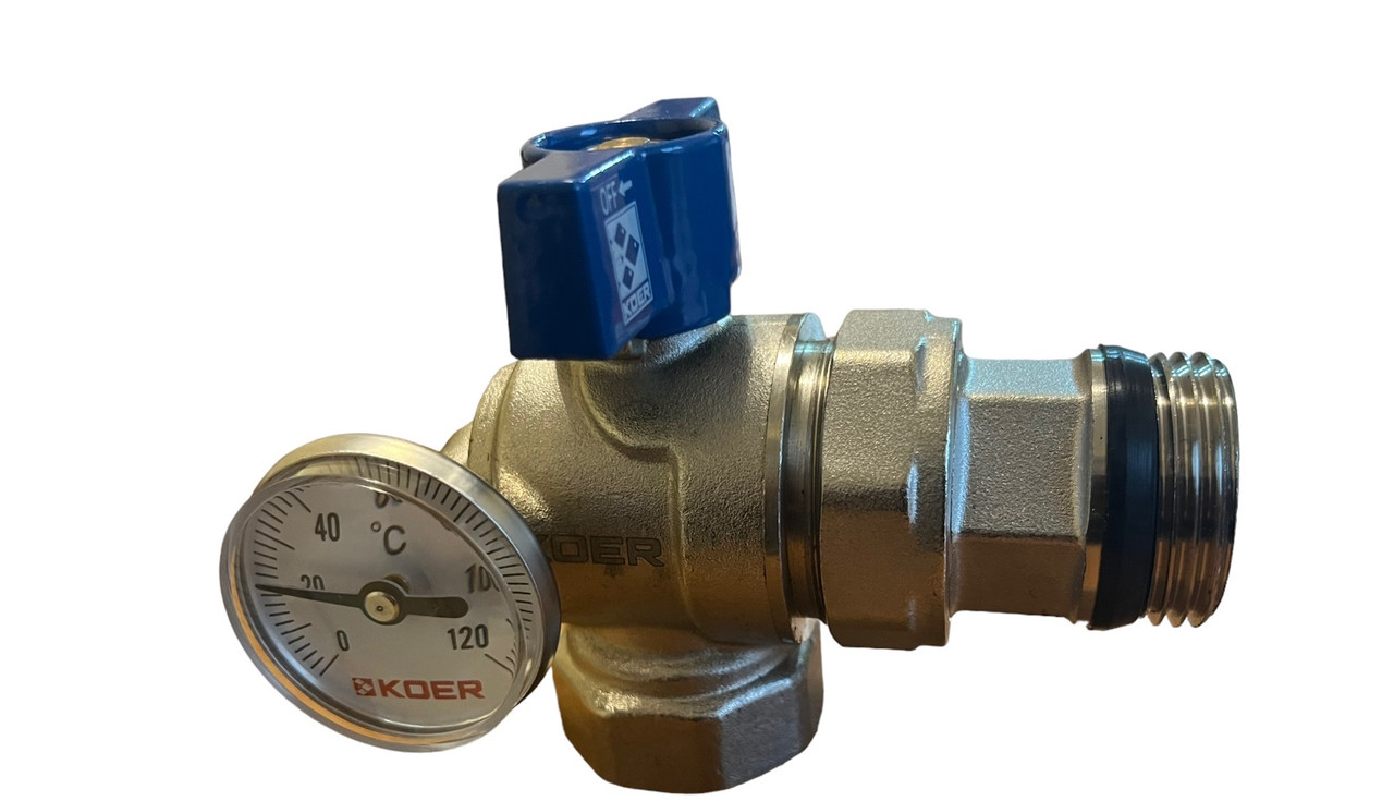 Кран кутовий з американкою 1", з термометром, "Koer" Чехія