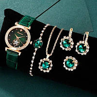 Шикарный яркий набор женских украшений: часы, колье, браслет, кольцо и серьги