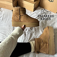 Ботинки UGG Mini Platform Chestnut, Угги женские мини низкие на платформе, замша, коричневый цвет