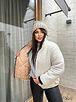Женская теплая куртка-шубка Автоледи двухсторонняя на молнии размеры 42-60 Бежевый, 42/44