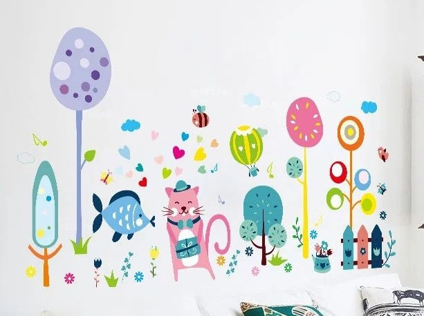 Вінілові наклейки на стіну Веселий настрій з рожевим котом  (лист 60 х 90 см) Б440