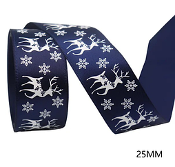 Стрічка для подарунку новорічна, синя "Олені"