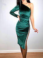 Женское бархатное платье в длине миди на одно плече с разрезом (черный, зеленый, марсала); размер: 42, 44