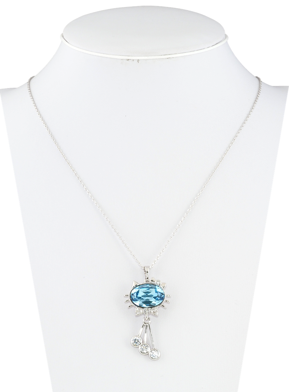 Кулон Xuping Родій із кристалами Swarovski на ланцюжку "Котик із кристалом Aquamarine" довжина 39.5-44см х 1мм