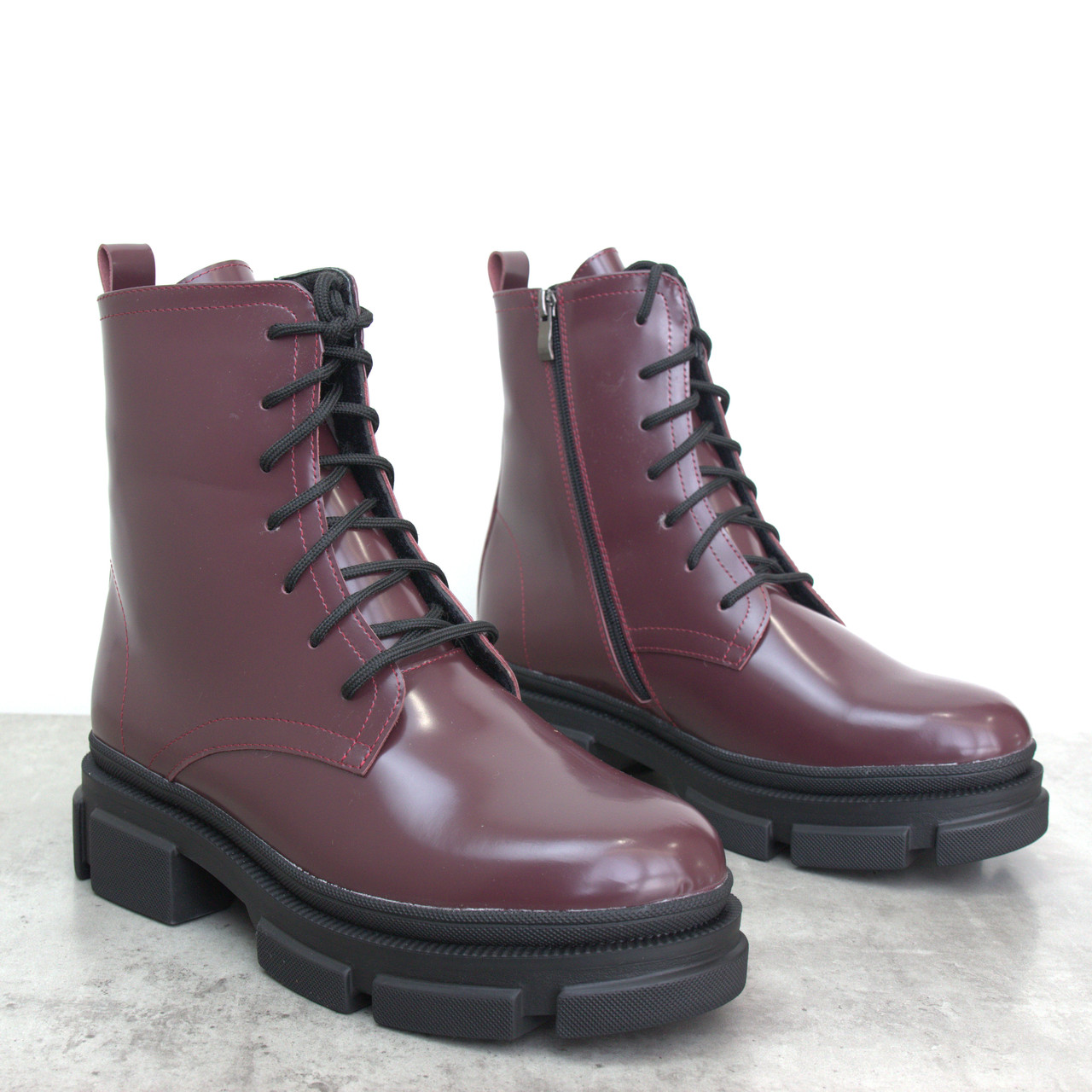 Бордові шкіряні лакові черевики на хутрі жіноче взуття великих розмірів 41 42 43 New Kate Lac Bord BS, фото 1