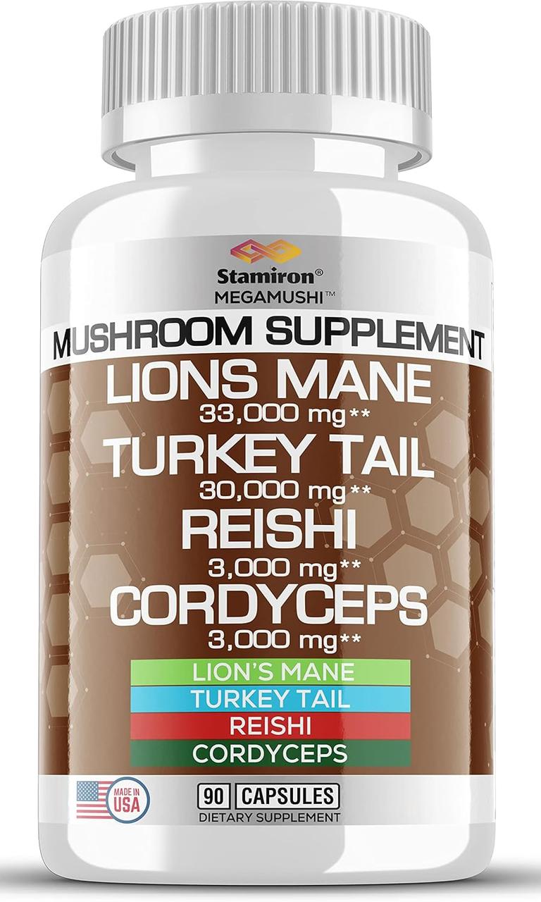 Мощная формула грибов Stamiron Lions Mane Supplement 33,000mg Turkey Tail Mushroom Capsules with Cordyceps