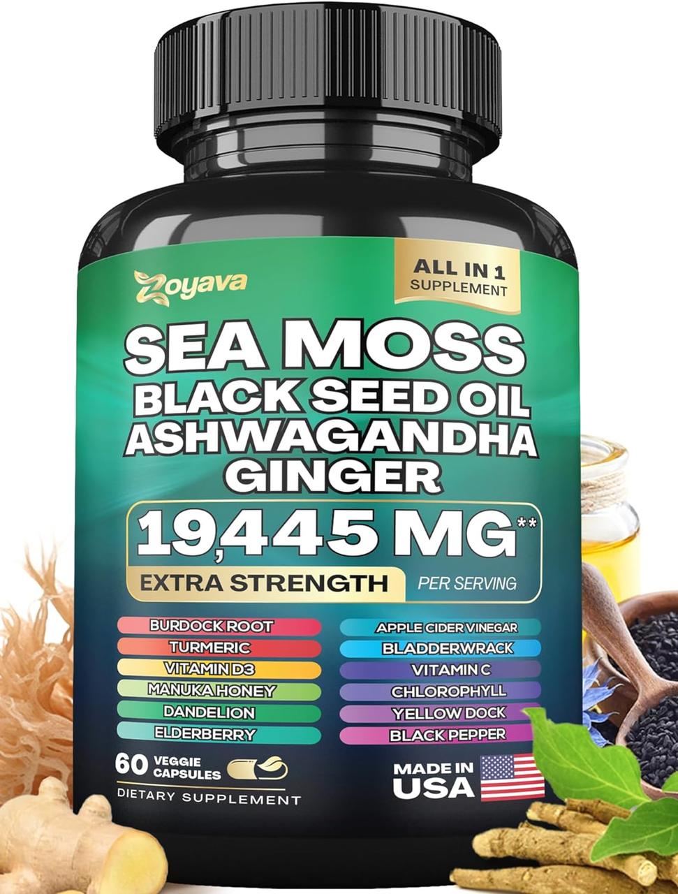 Мощная комплексная добавка Zoyava Sea Moss 7000mg Black Seed Oil 4000mg Ashwagandha 2000mg Turmeric 2000mg