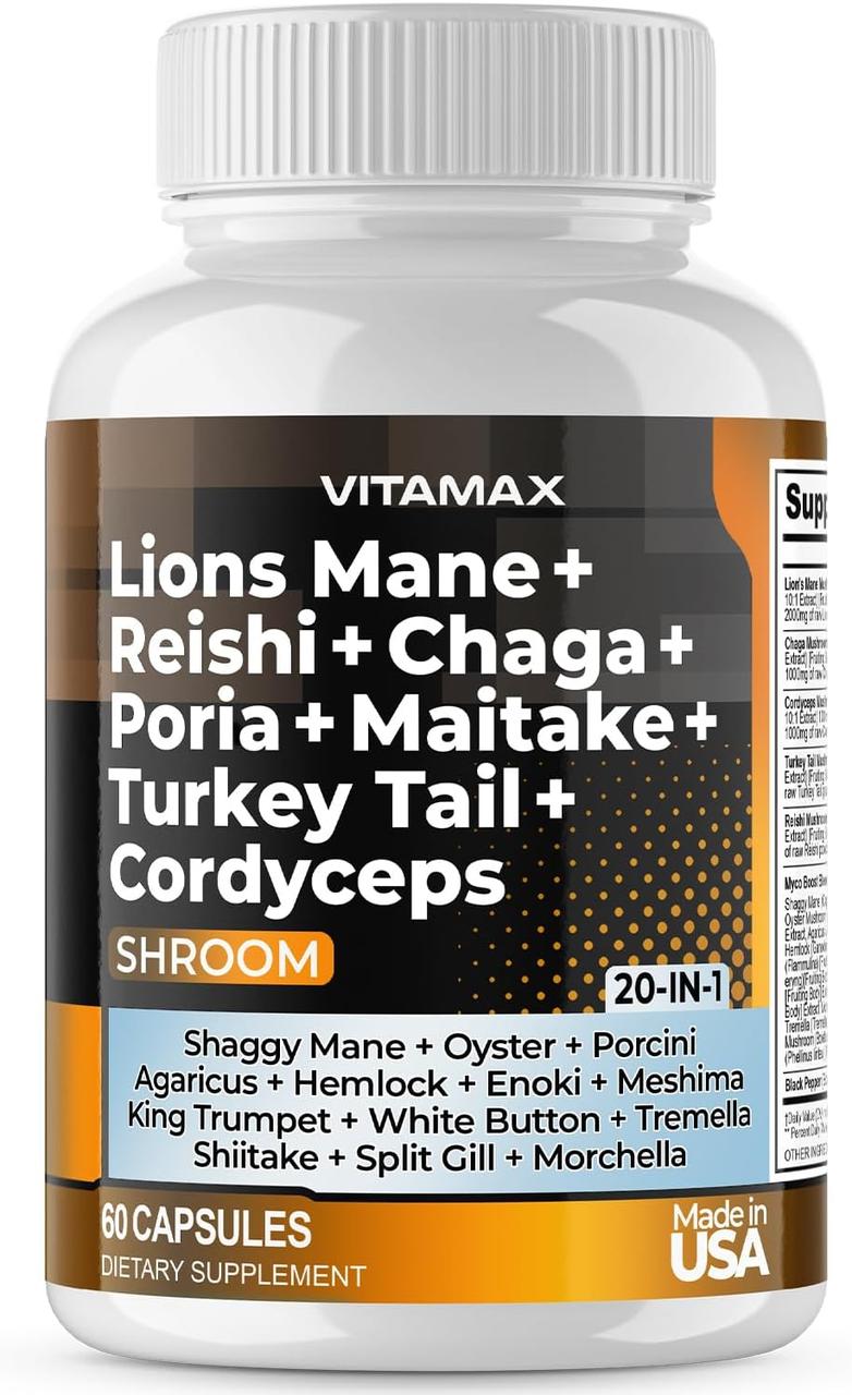 Преміальна суміш грибів Vitamax Lions Mane Mushroom 3000 mg Turkey Tail 2000 mg Chaga & Reishi 1000mg Cordyceps