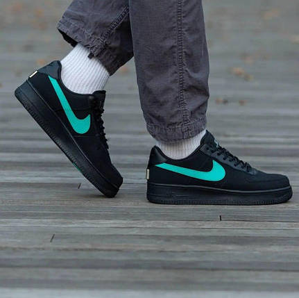 Чоловічі кросівки Nike Air Force 1 Low Tiffany Black Mint Найк Аір Форс Тіффані чорні нубук шкіра демісезон, фото 1