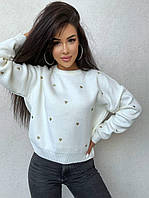 Стильный женский осенний свитер с вышивкой сердечками, вязка ткань (белый, черный); размер: 42-46 Белый