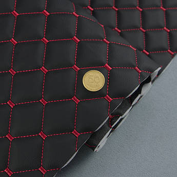 Стьобаний шкірозамінник Maldive "Ромб чорний" з червоною ниткою, на поролоні 7мм, ширина флізеліну 1,35м Туреччина