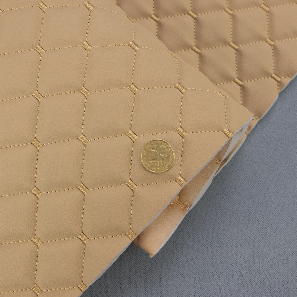 Стьобаний шкірзам Maldive "Ромб бежевий" з бежевою ниткою, на поролоні 7мм, флізелін, ширина .1,35 м Туреччина, фото 1