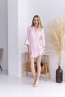 Стильная рубашка сатиновая женская домашняя для дома и сна длинный рукав в полоску розовая