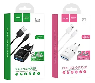 СЗУ адаптер 220V HOCO C12 2USB Smart Smart + кабель iPhone 2.4A, фото 1