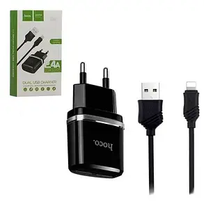 СЗУ адаптер 220V HOCO C12 2USB Smart Smart + кабель iPhone 2.4A, фото 3