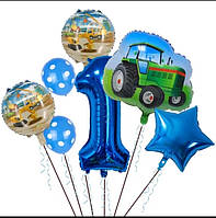 Набір повітряних кульок на день народження з зеленим трактором та цифрою.