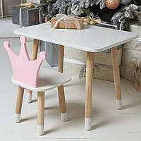 Детский белый прямоугольный столик и стульчик корона розовая. Белый столик.Столик для игр, уроков, еды.