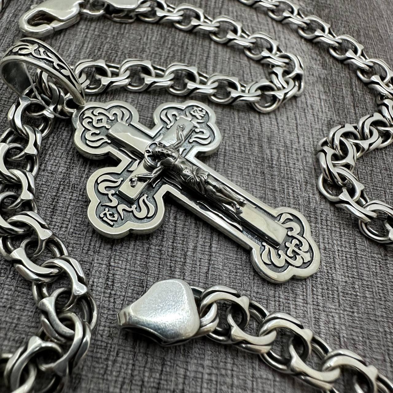 Чоловічий срібний комплект Бісмарк з хрестиком на розп'ятті: ланцюжок 7 мм, чорніння (40 г, 925), фото 1