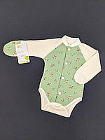 Боди для новорождённых с закрытыми рукавами из интерлока HappyTot Цветы 56см салатовое с молочным 9-050