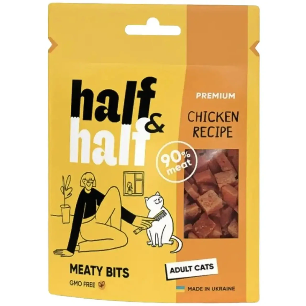 Ласощі для кішок Half & Half у формі м'ясних шматочків із куркою 50 г