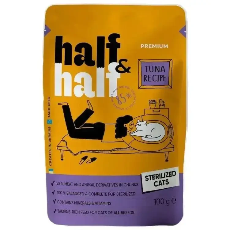 Вологий корм для стерилізованих котів Half & Half шматочки з тунцем у соусі 100 г