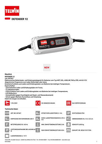 Зарядний пристрій для акумуляторних батарей TELWIN Defender 12, 6/12 V, 2/4 A 64187, фото 2