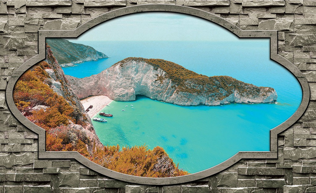 Вінілові фотошпалери 3д Пляж на острові за кам'яною стіною Друкуємо будь-який розмір