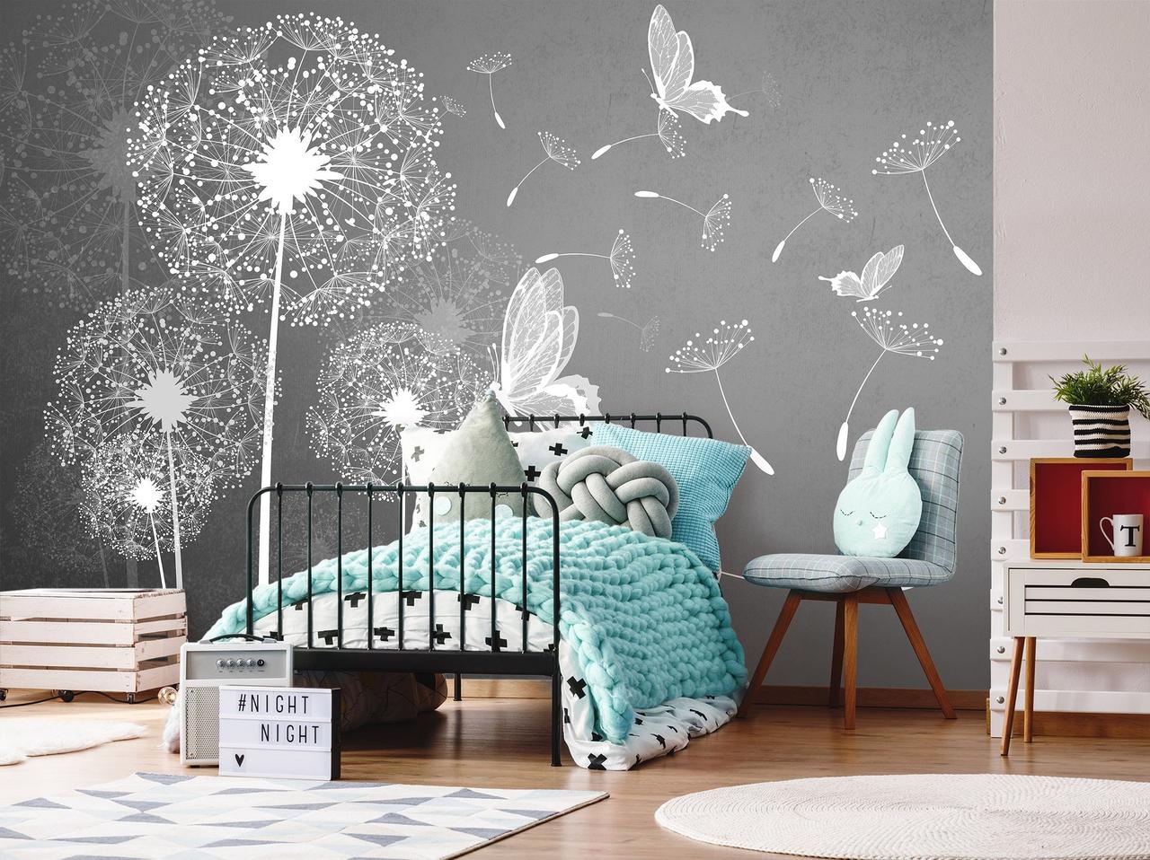 Флізелінові фотошпалери квіти в інтер'єрі 368x254 см Білі кульбаби та метелики на сірому фоні (10227V8) Найкраща якість, фото 1