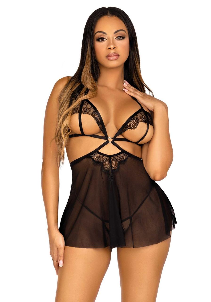 Пеньюар Leg Avenue Lace and mesh babydoll & panty Black S, фото 1