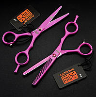 Професійні перукарські ножиці Kasho 5.5 для стрижки волосся прямі й філіровочні 2 шт рожеві