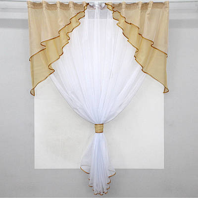 Кухонна (280х170см.) занавіска, ламбрекен і тюль. Колір золотистий з білим. Код 114к 52-0593