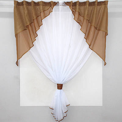 Кухонна (280х170см.) занавіска, ламбрекен і тюль. Колір коричневий з білим. Код 114к 52-0595