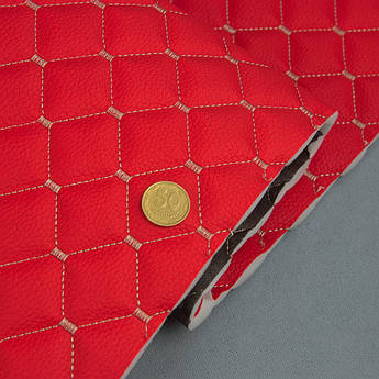 Стьобаний шкірозамінник Hercul "Ромб червоний" з бежевою ниткою, на поролоні 7мм, флізеліні, шир.1,35м Туреччина