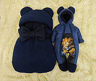 Комплект для новорожденных мальчиков, спальник Тедди синий + комбинезон с принтом Лев