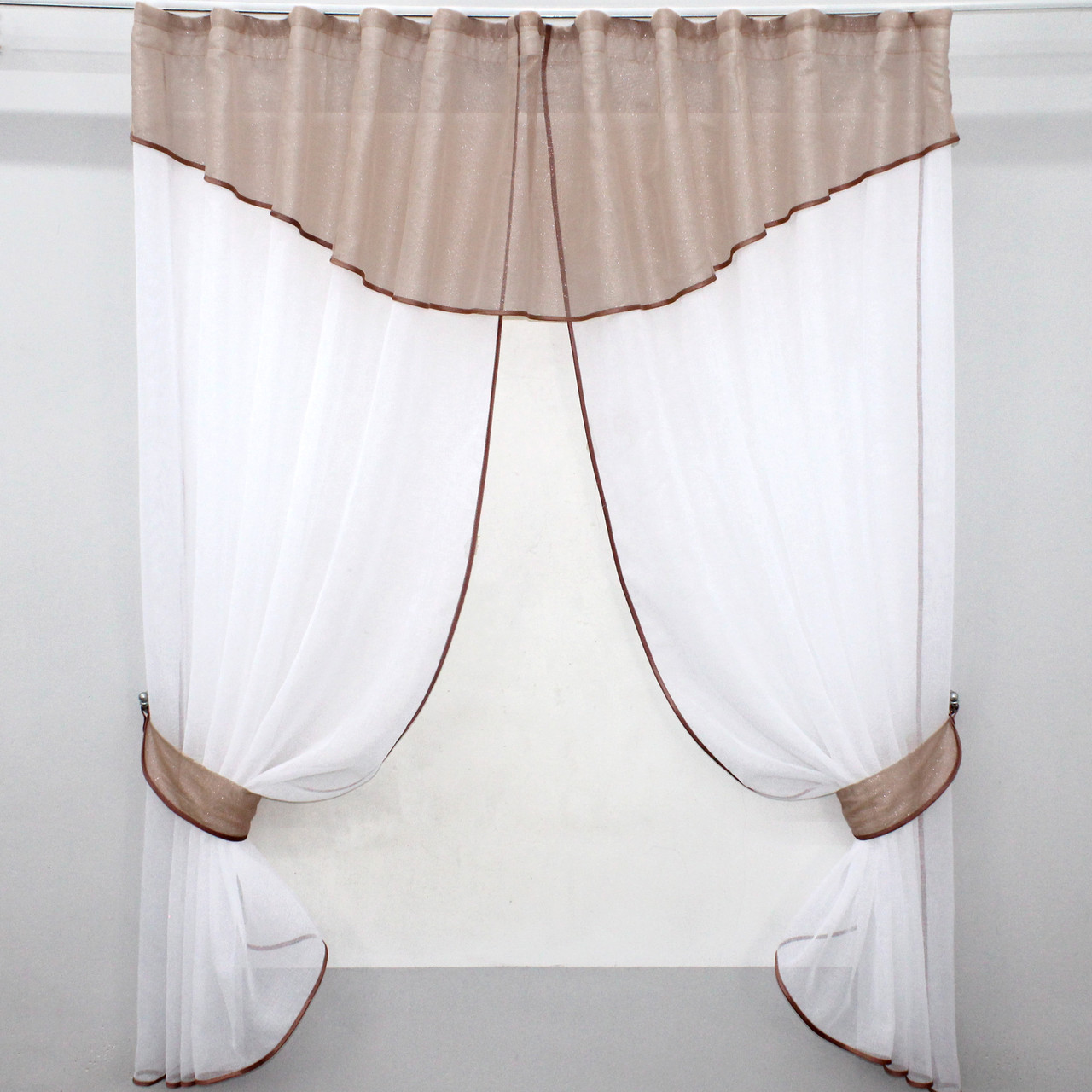Кухонний комплект, (280х170см.) шторки з ламбрекеном і підхватами. Колір персиковий з білим. Код 084к 52-0604, фото 1