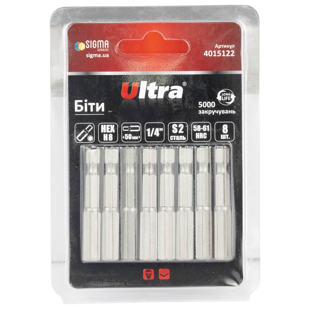 Біти HEX 8×50 мм 1⁄4" 8 шт S2 (блістер) ULTRA (4015122), фото 1