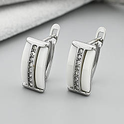 Сережки White style 38278 розмір 15х6 мм білі фіаніти біла кераміка вага 4.7 г сталь