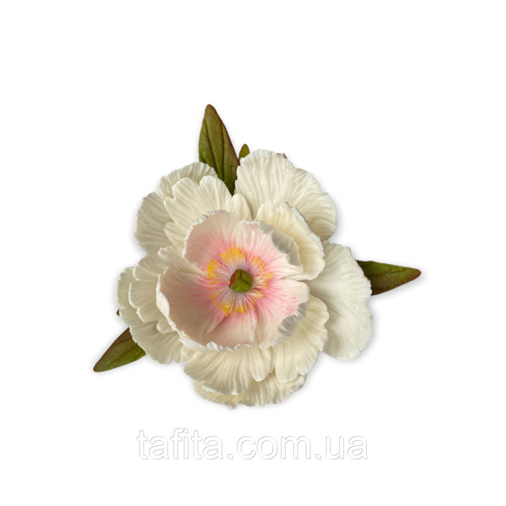 Півонія біла 10 см з листочками Кондитерська прикраса, фото 1