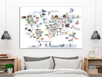 Картина друк на полотні дитяча "Карта світу" з тваринами, декор на стіну в дитячу кімнату