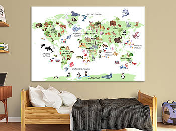 Картина на полотні "Карта світу" з тваринами в дерев'яній рамці готова HD-друк