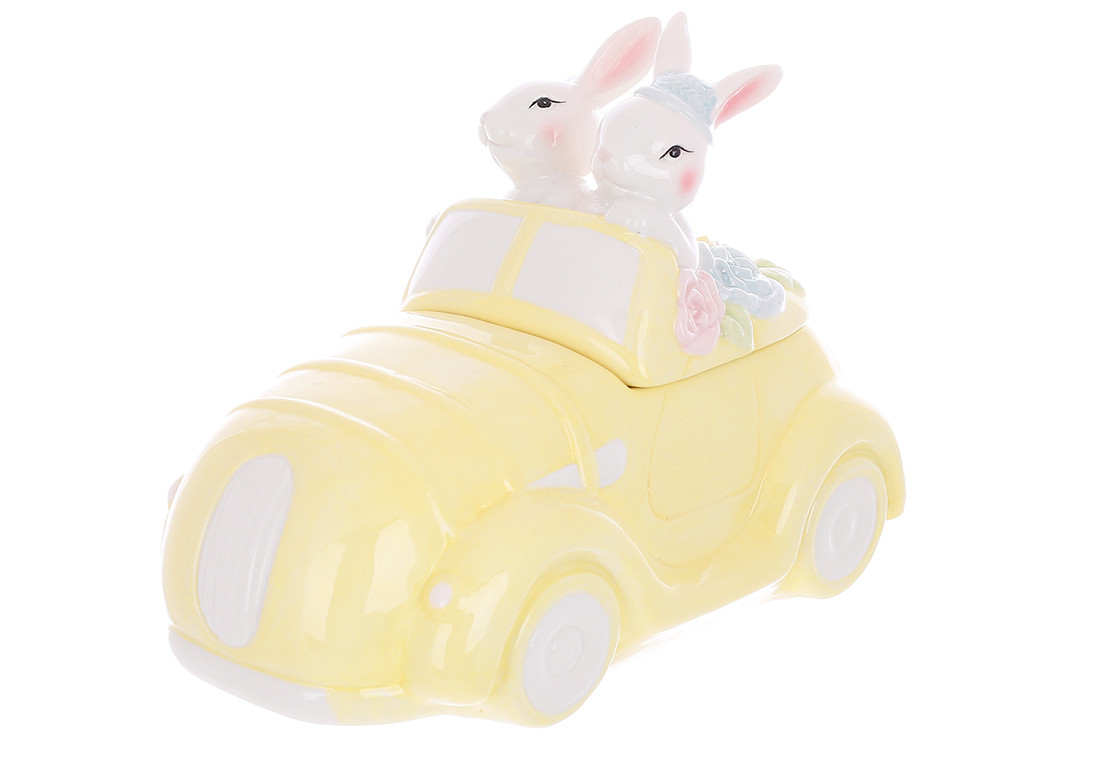 Банка для печива керамічна Зайчики в машині, 1700мл, колір-жовтий ТОВАР ВІД ВИРОБНИКА