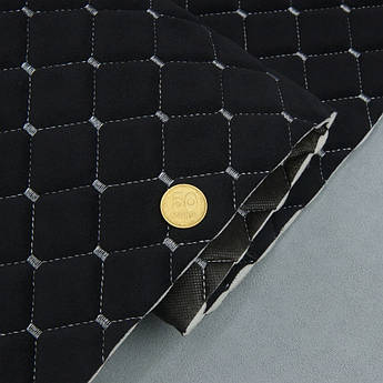 Велюр стьобаний «Ромб чорний» (прошитий світло-сірою ниткою) на поролоні 7мм та флізеліні, ширина 135см