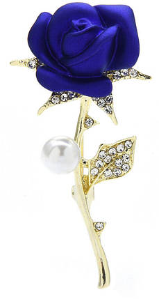 Брошка троянда, Rose with pearls dark blue, 2.5х5 см. Брошка у формі темно-синьої троянди з перлиною, фото 1