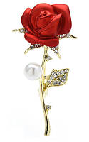Брошь роза, Rose with pearls red, 2.5х5 см. Брошь выполнена в форме цветущей розы с жемчуженкой