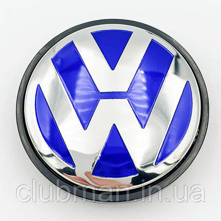 Ковпачки (заглушки) на литі диски VW (Фольксваген) 56 мм Хром лого Синій фон Чорна база (1J0601171), фото 1