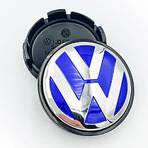 Ковпачки (заглушки) на литі диски VW (Фольксваген) 56 мм Хром лого Синій фон Чорна база (1J0601171), фото 2