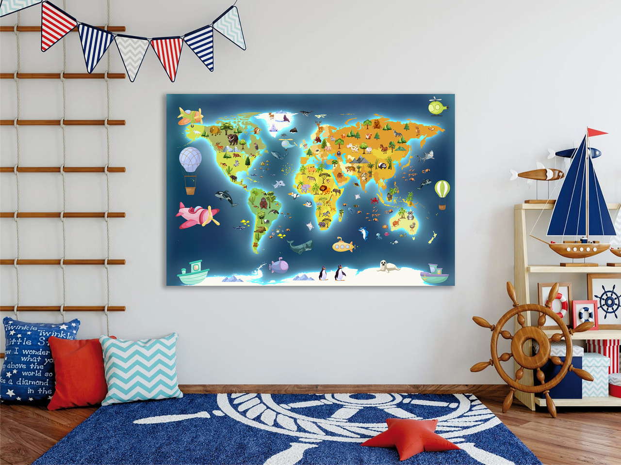 Дитяча карта світу на полотні дизайнерська, декор на стіну для дитячої кімнати