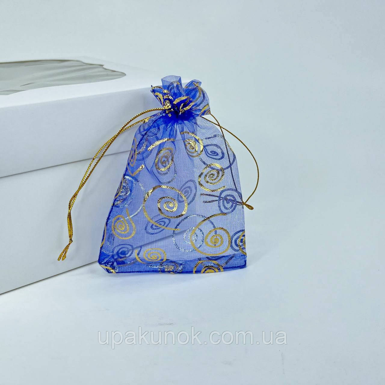 Подарункові мішечки з органзи, 9*12 см, прозорі (5 шт.), завиток на синьому